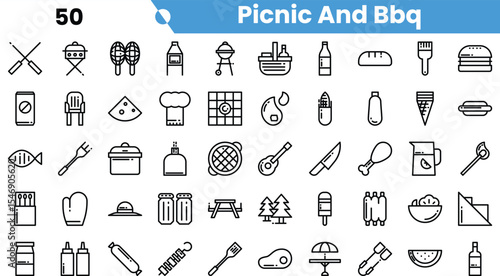 A collage of picnic and BBQ icons featuring various food items, utensils, and outdoor grilling essentials.