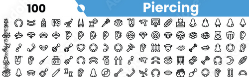 A diverse collection of minimalist line icons representing various types of piercings, suitable for tattoo or body art enthusiasts.