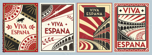 Retro Poster Collection Celebrating Spain's Culture with Iconic Imagery Bold Typography and Architectural Elements of Bullfighting and Heritage