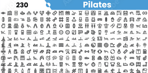 A diverse collection of Pilates icons, illustrating various exercises and equipment used in workouts.