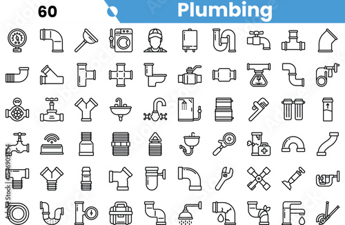 A comprehensive collection of plumbing icons, featuring a variety of tools and fixtures in a minimalist line art style.