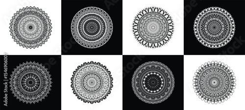 set of 8 zentangle mandalas in oriental style. perfect for henna, mehendi, tattoo design, yoga art, coloring book pages, anti-stress therapy, vintage floral patterns, and meditation decor.