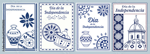 Elegant Cards Celebrating D�a de la Independencia with Traditional Motifs Floral Designs and Decorative Pottery in Blue and White Poster Collection