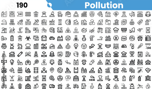 A comprehensive collection of black and white icons representing various forms of pollution and environmental hazards.
