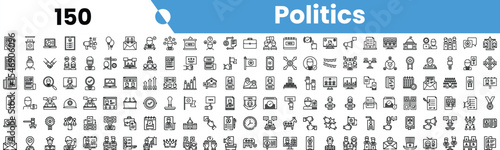 A collection of black and white icons representing various political themes and activities.
