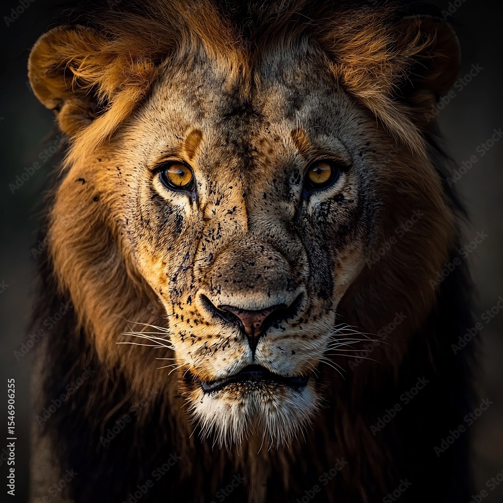 Fototapeta premium Closeup Portrait of a Lions Face Reflecting Vision Determination and Integrity Embodying Empowerment and Leadership In Wildlife Kingdom With Fierce Gaze