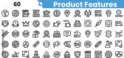 A diverse collection of product feature icons, suitable for marketing and branding purposes, highlighting quality and sustainability.
