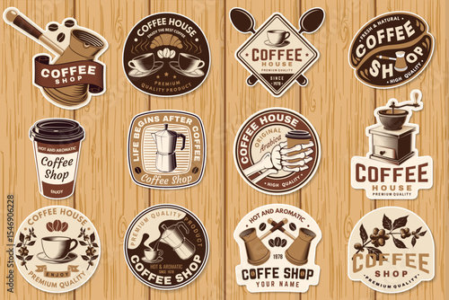Coffee shop. Hot and aromatic. Vector. Concept for cafe and restaurant logo, brand, label with paper coffee cup, branch of coffee tree, grinder silhouette