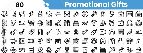 A diverse collection of promotional gift icons including gadgets, kitchenware, and leisure items, all displayed in a unified minimalist style.