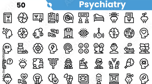 A diverse collection of psychiatric icons illustrating various concepts in mental health and therapy.