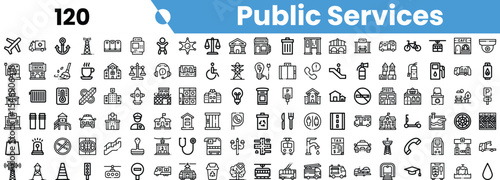 A diverse collection of public service icons, showcasing various sectors like transportation, emergency services, and community facilities.