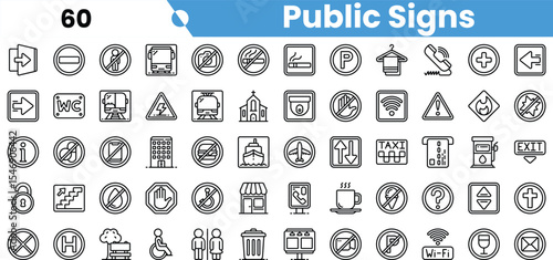 A diverse collection of public signs including directional, informational, and prohibition symbols in a clean, black and white design.
