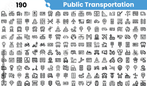 A comprehensive collection of public transportation icons, showcasing various modes and related elements.