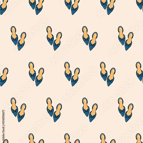 Seamless summer pattern with elegance blue slingback heels and bow. Cartoon vector background