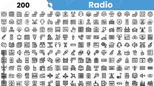 A diverse collection of radio-themed icons, showcasing various elements of broadcasting and audio media.