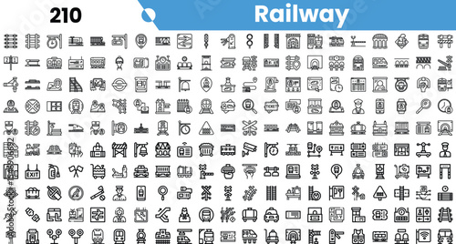 A collection of railway-themed icons, featuring various train signals, tracks, and transportation elements in a clean, monochrome design.
