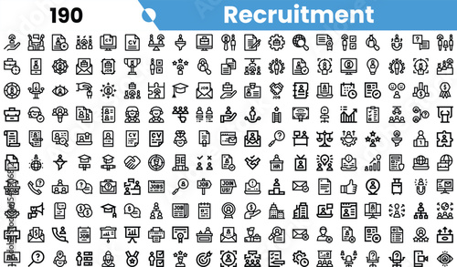 A diverse collection of recruitment-themed icons showcasing job search, application processes, and hiring. Ideal for professional use.
