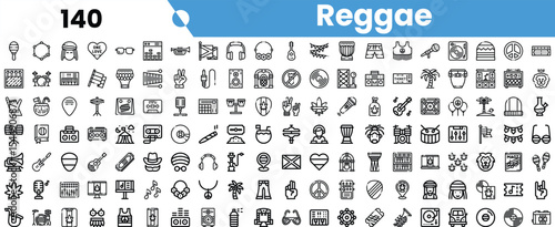 A vibrant collection of reggae-themed icons, showcasing musical instruments, symbols of peace, and cultural elements in black and white.