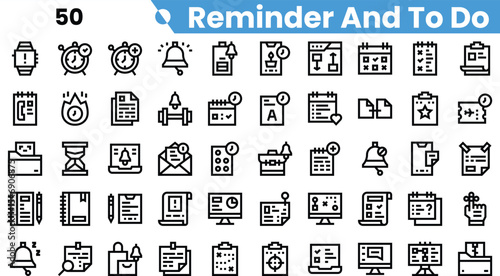 A collection of minimalist icons representing reminders and to-do lists, featuring various symbols like clocks, notes, and checklists.
