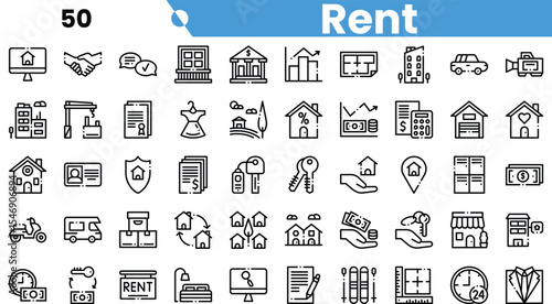 A collection of rental-themed icons, showcasing various aspects of renting, including houses, keys, contracts, and payment methods.