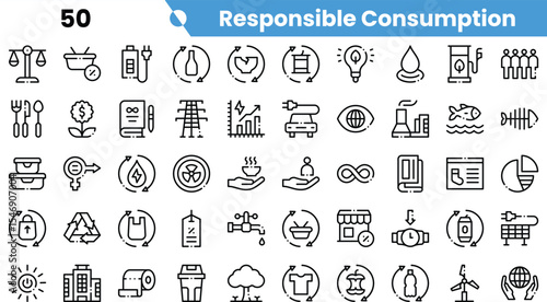 A collection of icons symbolizing responsible consumption, featuring images representing sustainability, recycling, and conservation.