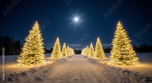 Illuminated christmas tree avenue under a starry winter night sky landscape