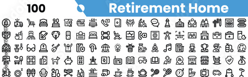 A collection of icons representing various aspects of life in a retirement home, showcasing activities, amenities, and care services.