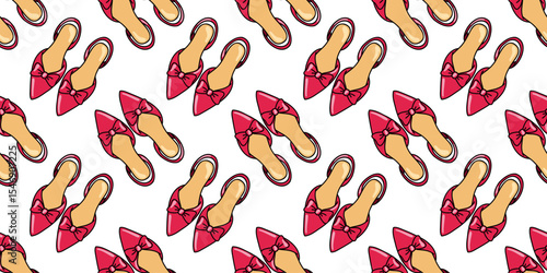 Seamless pattern with cartoon pink slingback heels and bow. Woman elegant shoes. Cartoon vector background.