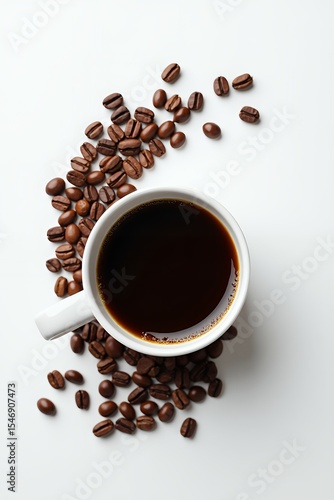 Aromatic Black Coffee in White Mug Surrounded by Roasted Coffee Beans