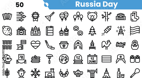 A collection of symbols representing Russia Day, featuring iconic elements such as flags, balloons, and traditional buildings.