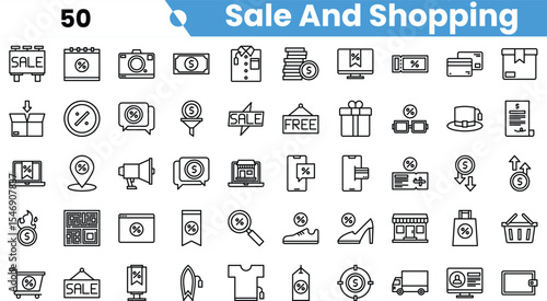 A collection of minimalist line icons representing sale and shopping themes, perfect for retail and promotion design.