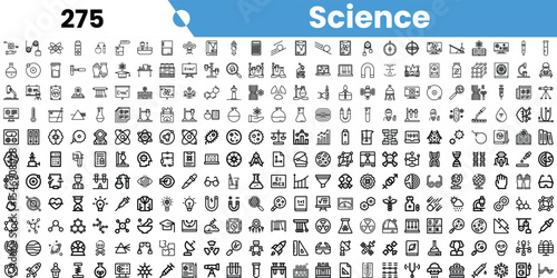 A collection of black and white science icons representing various scientific fields and concepts.