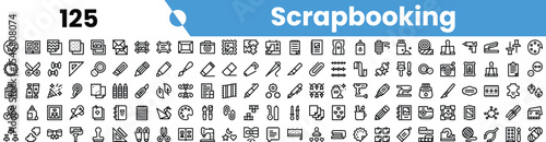 A diverse collection of black and white scrapbooking icons, featuring various tools, decorations, and themes for creative projects.