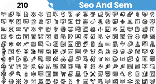 A variety of SEO and SEM icons in a black-and-white outline style, showcasing digital marketing concepts and tools.