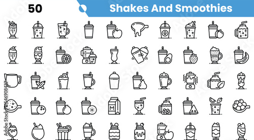 A vibrant collection of simple line icons featuring shakes and smoothies in various styles and flavors.