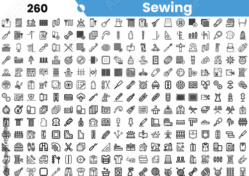 A comprehensive collection of sewing icons, featuring various tools and materials in a minimalist black and white design.