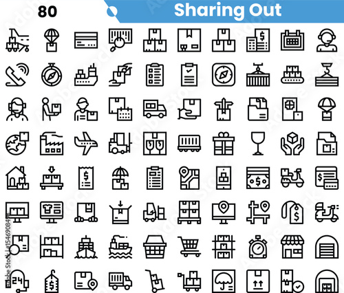 A collection of minimalist line icons representing sharing and logistics concepts, depicting various aspects of delivery and distribution.