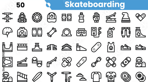 A vibrant collection of skateboarding icons featuring helmets, boards, ramps, and accessories, perfect for enthusiasts and designers alike.
