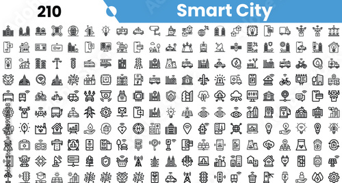A collection of black and white icons representing various aspects of smart city technology and infrastructure.