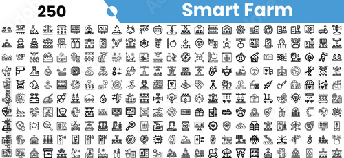 A collection of smart farm icons depicting modern agricultural technology and practices, featuring a variety of symbols in black and white.