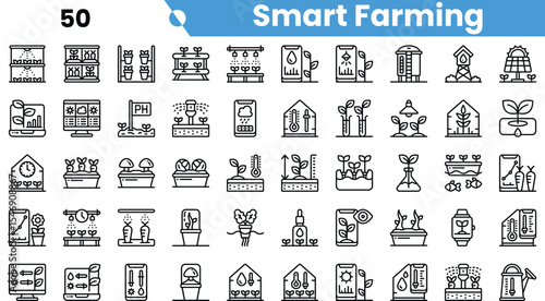 A collection of minimalist line icons showcasing various aspects of smart farming, including modern agricultural technology and plant care.