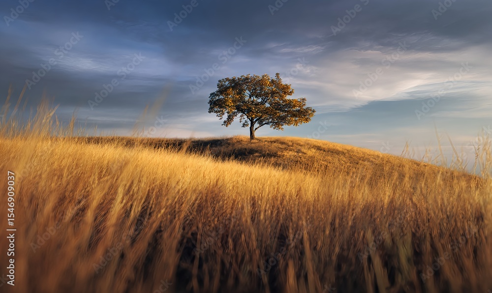 Fototapeta premium Lonely tree on a golden hill glowing in warm afternoon light with distant autumn woods beneath a dramatic sky