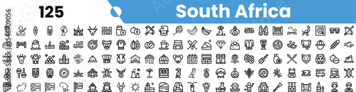 A collection of black and white icons representing South African culture and attractions, showcasing diverse elements from nature to heritage.