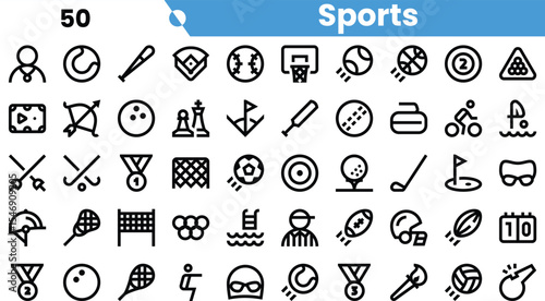 A collection of various sports icons depicting activities like tennis, baseball, soccer, and swimming, showcasing diverse sports symbols.