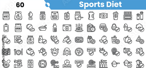 A diverse collection of sports diet icons including supplements, healthy foods, and nutritional symbols, ideal for fitness and wellness themes.