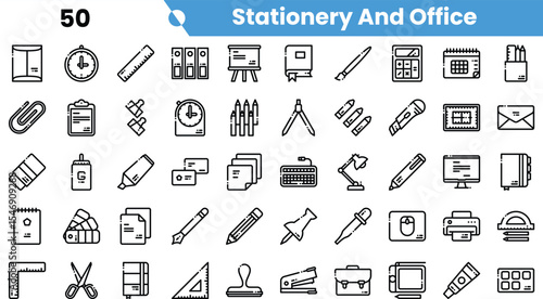 A collection of office and stationery icons in a minimalist, monochrome design, featuring tools for organization and productivity.