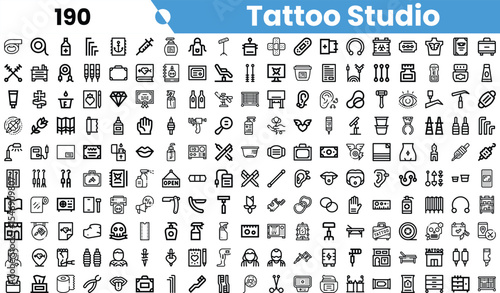 A diverse collection of tattoo studio icons, showcasing various tools, designs, and elements associated with tattoo artistry.