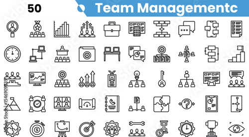 A collection of minimalist line icons depicting various aspects of team management, including communication, productivity, and analysis.