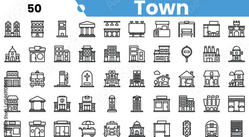 A diverse collection of town icons representing various buildings and facilities including homes, schools, and shops.