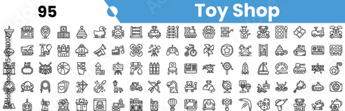 A vibrant collection of toy shop icons featuring various toys and games in a playful design.